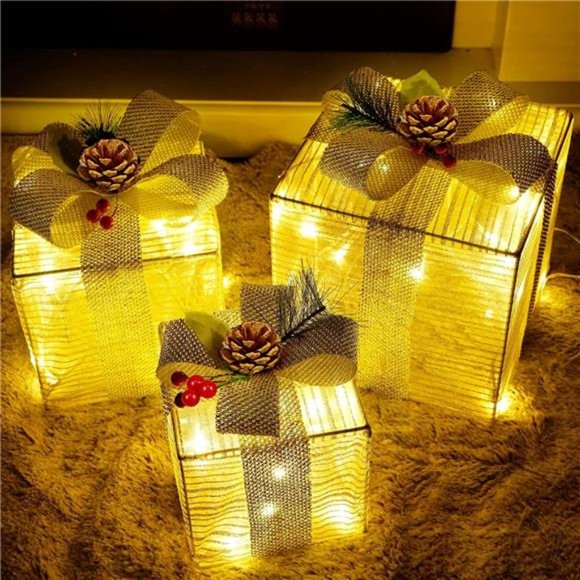 Christmas Lighted Boxes, Set of 3 60 LED Light Up Decor Outdoor, Light Up - Picture 4 of 7
